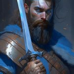 A medieval fantasy warrior with blue eyes brown beard brown hair and fair skin holds a two-han...jpg