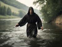 Default_A_man_in_black_robes_with_a_bag_jumps_into_the_water_a_1.jpg